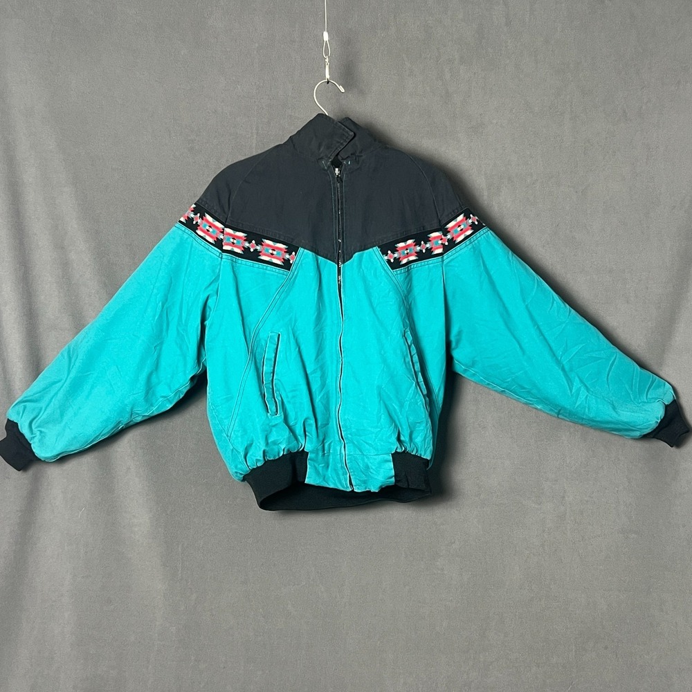 Vtg 90s Express Riders Aztec Southwestern Blanket Lined Jacket Mens L Teal USA
